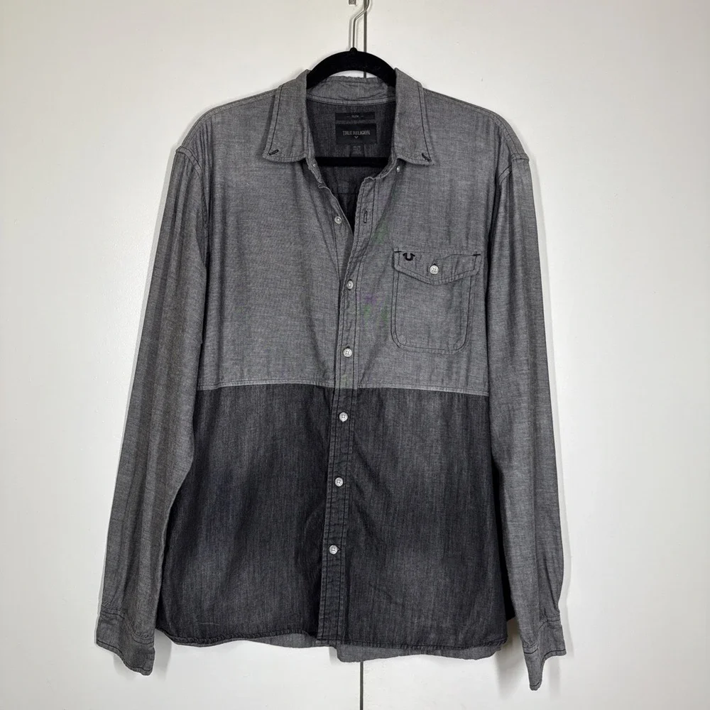 True Religion Western Shirt Mens Size XL Gray Black Slim Fit Color Block